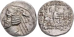 GRIECHISCHE MÜNZEN PARTHER, KÖNIGREICH DER ARSAKIDEN Phraates IV., 38-2 v. Chr. AR-Drachme Mithradatkart Vs.: Büste in Ornat mit Diadem n. l., rechts oben Adler mit Lorbeerkranz n. l., Rs.: 7-zeilige 