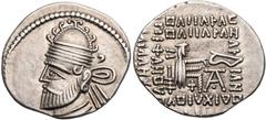 GRIECHISCHE MÜNZEN PARTHER, KÖNIGREICH DER ARSAKIDEN Pakoros II., 78-105 n. Chr. AR-Drachme Ekbatana Vs.: Büste in Ornat mit Tiara und Diadem n. l., Rs.: 7-zeilige Beischrift, Arsakes sitzt mit Bogen 