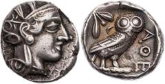 GRIECHISCHE MÜNZEN ATTIKA ATHEN AR-Tetradrachme 420-405 v. Chr. Vs.: Kopf der Athena mit Helm und Lorbeer n. r., Rs.: Eule steht n. r., Kopf v. v., links oben Ölzweig neben Mondsichel, alles in quadra