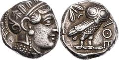 GRIECHISCHE MÜNZEN ATTIKA ATHEN AR-Tetradrachme 400/390-353 v. Chr. Vs.: Kopf der Athena mit Helm und Lorbeer n. r., Rs.: Eule steht n. r., Kopf v. v., links oben Ölzweig neben Mondsichel, alles in qu