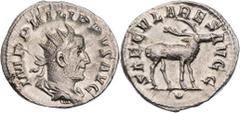 RÖMISCHE MÜNZEN RÖMISCHE KAISERZEIT Philippus I. Arabs, 244-249 n. Chr. AR-Antoninian 248 n. Chr. Rom Vs.: IMP PHILIPPVS AVG, gepanzerte und drapierte Büste mit Strahlenkrone n. r., Rs.: SAECVLARES AV