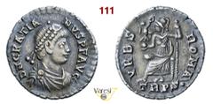 MONETAZIONE ANTICA GRAZIANO (366-383) Siliqua, Treviri D/ Busto diademato, drappeggiato e corazzato R/ Roma seduta con vittoriola e scettro Coh. 86 Ag g 2,15 mm 18 • Con cartellino Santamaria, Roma BB