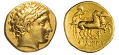 MACEDONIA FILIPPO II (359-336 a.C.) Statere (Pella, 323-317 a.C. sotto Filippo III). D/ Testa laureata di Apollo R/ Biga veloce; sotto un kantharos. Le Rider 451 Au g 8,58 BB