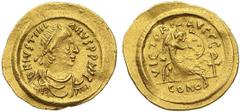 Byzantine - GIUSTINIANO (527-565) Semisse, Costantinopoli. D/ Busto diademato R/ La Vittoria seduta, scrive su uno scudo. Sear 143 Ratto tipo 465 Au g 2,23 BB