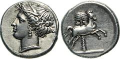 GREEK SICILIA - SICULO/PUNICHE - (350-320 a.C.) Tetradramma. D/ Testa di Core volta a s. R/ Cavallo al galoppo; sullo sfondo una palma. MŸller 44 Jenkins Sicily III tav. 8, n. 124 Viola 212 Ag g 16,80