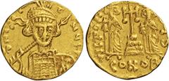 BYZANTINE COSTANTINO IV (668-685) Solido, Costantinopoli. D/ Busto frontale elmato con lancia e scudo R/ Croce potenziata; ai lati Eraclio e Tiberio. DOC 8 MIB 7a Sear 1154 Au g 4,11. Ex asta Rauch 73
