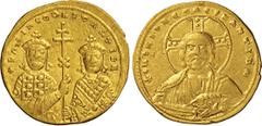 BYZANTINE BASILIO II (976-1025) Tetarteron Nomisma, Costantinopoli. D/ Busti frontali di Basilio II e di Costantino VII con lunga croce R/ Busto frontale del Cristo. DOC 13b Sear 1806 Au g 4,20. Ex as