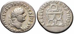 Impero Romano Roma, Tito, Denario, 80, Ag (3,58g x 18mm); D/ IMP TITVS CAES VESPASIAN AVG P M; testa laureata. R/ TR P IX IMP XV COS VIII P P; sella curule con sopra una ghirlanda. RIC 108; BMC 68. BB