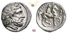 GRECHE MACEDONIA - AMOPHIPOLIS FILIPPO II (359-336 a.C.) Tetradramma. D/ Testa laureata di Zeus R/ Filippo, con ramo di palma, su cavallo a d. Ag g 14,22 SPL