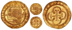 Gold Cobs of Spain Madrid, Spain, gold experimental "Ingenio de la Tijera" 4 escudos, 1591, assayer C, extremely rare, NGC MS 64, finest known in NGC census. Cal-882; Fr-159. 13.46 grams. see separate