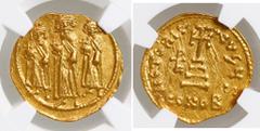 Ancient Coins Byzantine Empire, AV solidus, Heraclius, Heraclius Constantine and Heraclonus, 632-641 AD, NGC Ch AU, strike 5/5, surface 4/5, clipped. DOC 43; MIBE 50; SB 769. 4.34 grams. Heraclius and