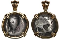 Coin Jewelry Aegina, AR stater, 525-480 BC, "sea turtle," mounted in 14K gold bezel with fixed bail. 16.40 grams total. Sea turtle / Incuse mill-sail pattern. Rather rare in any condition, this VF coi