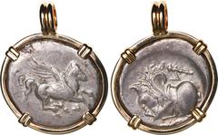 Coin Jewelry ANCIENT GREEK, Illyria, Dyrrhachion, AR stater, 370-350 BC, mounted pegasus-side out in 14K gold bezel with fixed bail. 11.89 grams total. Pegasus flying right / Head of Athena right, wea