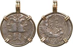 Coin Jewelry ANCIENT ROMAN, Roman Republic, AR denarius, C Fonteius, 114-113 BC, mounted in 14K gold pendant with fixed bail. 4.38 grams total. Mounted with the Janiform head of the Dioscuri out, off-