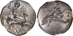Ancient and Medieval ANCIENT GREEK, Calabria, Taras, AR didrachm, 302-280 BC, NGC Ch AU (strike 5/5, surface 4/5). Vlasto 599; HN Italy 936. 7.79 grams. Nude warrior on horse prancing right, holding s