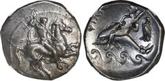Ancient and Medieval ANCIENT GREEK, Calabria, Taras, AR didrachm, 302-280 BC, NGC Ch XF (strike 3/5, surface 4/5). Vlasto 574; HN Italy 933. 7.87 grams. Nude warrior on horseback right, preparing to c