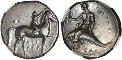 Ancient and Medieval ANCIENT GREEK, Calabria, Taras, AR didrachm, 302-280 BC, "boy on dolphin," NGC XF. Vlasto 666; HN Italy 957. Nude youth on horse walking right, crowning horse with right hand, rei