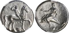 Ancient and Medieval ANCIENT GREEK, Calabria, Taras, AR didrachm, 302-280 BC, NGC Ch VF. Vlasto 657; HN Italy 942. Nude warrior on horse walking right, crowning himself; ΣA and Ionic capital below / T