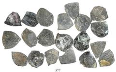 Lot of 20 Mexico City, Mexico, cob 1 reales, Charles II and Philip V, various assayers (where visible), uncleaned (as found). 57.68 grams total. Solid coins, mostly thickly encrusted in brown or green