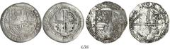 Lot of 2 Potosi, Bolivia, cob 4 reales of Philip II, assayers M (rare) and B (3rd period). KM-4.2. 23.55 grams total. The M coin is rather worn (VG), particularly around the edge, but typically well d
