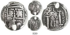 Bogota, Colombia, cob 1 real, Charles II or Philip V, no assayer (ca. 1690-1715), encapsulated NGC VG details / holed, rare, Calico Plate Coin. Restrepo-M56; ; CT-1686 (under Philip V). Bold full pill