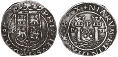 Lima, Peru, 2 reales, Philip II, assayer R (Rincon) to left, motto PL-VSVL-TR, legends HISPA / NIARVM, Sellschopp and Grunthal-Sellschopp Plate Coin. 6.51 grams. Very choice specimen with bold full XF