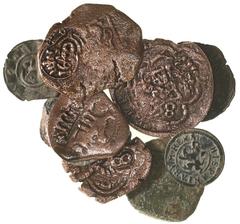 Lot of 10 Spanish copper cobs and medieval billon coins, including one Santo Domingo 4 maravedis of Charles-Joanna. 36.58 grams total. Fine on average with generally good details but four brightly cle