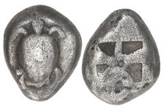 Aegina, Islands off Attica, AR stater, ca. 525-480 BC. 12.11 grams. Smooth-shelled sea turtle / Quadripartite incuse square. The turtle complete, Fine+ with toning, slightly porous surfaces. Estimate: