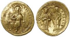 Byzantine Empire, AV histamenon nomisma, Romanus III, 1028-34 AD. Sear 1819. 4.4 grams. Christ, nimbate, enthroned facing raising right hand in benediction and holding Book of Gospels in left / Romanu