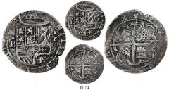 Silver Cobs Panama, cob 4 reales, Philip II, assayer oB to left, mintmark-denomination AP-IIII to right, very rare, Proctor Plate Coin. S-AP4; CT-341; KM-4. 11.68 grams. Despite the light surface corr