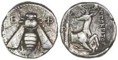 Ancient Coins Ephesus, AR tetradrachm, "bee," ca. 390-325 BC, Hippokritos magistrate. BMC 47. 15.20 grams. Bee with straight wings, seen from above / Forepart of stag right, looking back; behind, palm