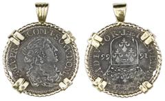 Coin Jewelry Tassarollo, Italian States, luigino, 1666-A, ex-Sicily wreck (ca. 1667) mounted portrait-side out in thin, twisted wire 18K gold bezel. 4.42 grams total. Choice full detail on both sides,