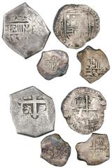 Mexico Silver Cobs Lot of four Mexico City, Mexico, silver cob 8-4-2-1 reales (one each), Philip II and Philip V. 48.44 grams total. Toned Fine on average, each as follows: 8R Philip V, good but off-c
