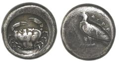 Ancient Coins Sicily, Akragas, AR nomos or didrachm, 490-472 BC, crab / eagle. SNG ANS 939. 8.48 grams. Eagle standing left / Crab within incuse circle. Nicely toned, especially incuse crab, which is 