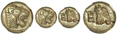 Ancient Coins Lesbos, Mytilene, electrum hecte, 521-478 BC, lion head, NGC Choice XF, strike 4/5 surface 4/5. Bodenstedt 13. 2.59 grams. Head of roaring lion right / Head of calf right, struck in incu