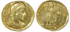 Ancient Coins Roman Empire, AV solidus, Valens, 364-378 AD, Antioch mint. RIC IX 2d, xiii.4; cf. Cohen 32. 4.10 grams. D N VALENS-PER F AVG Pearl-diademed, draped, cuirassed bust right / RESTITVTOR - 