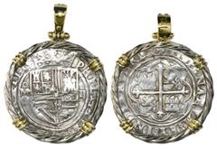 Coin Jewelry Mexico City, Mexico, cob 2 reales, Philip II, assayer O below mintmark oM to left, aligned axis, mounted in silver twisted-wire bezel with 18K gold prongs and shackle bail. 13.20 grams to