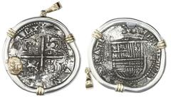 Coin Jewelry Seville, Spain, cob 8 reales, Philip II, assayer Gothic D at 4 o'clock outside tressure on reverse, ex-Santiago (1585), mounted cross-side out in silver bezel with 14K gold prongs, pirate