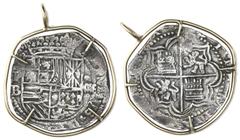 Coin Jewelry Potosi, Bolivia, cob 4 reales, Philip II, assayer B (3rd period), ex-Atocha (1622), Grade 1, mounted in 14K gold-wire bezel (thin). 15.51 grams total. Choice coin with excellent full cros