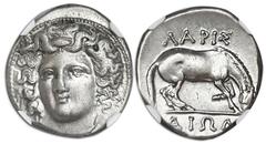 Ancient Coins Thessaly, Larissa, AR drachm, 4th century BC, NGC AU, strike 4/5, surface 4/5, fine style. BCD Thessaly II 317–9; HGC 4, 454. 6.02 grams. Head of nymph Larissa facing three-quarters left