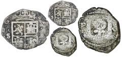 Other Silver Cobs Bogota, Colombia, billon cob 1/4 real, date not visible (1622), assayer A to right and mintmark S to left, lions and castles transposed, very rare, NGC Fine details / environmental d