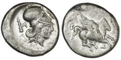 Ancient Coins Illyria, Dyrrhachion, AR stater, ca. 350-300 BC, "pegasus." Calciati 38 corr. HGC 3, 26. 8.29 grams. Pegasus flying right / Head of Athena right, wearing Corinthian helmet; above, dolphi
