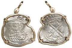 Coin Jewelry Mexico City, Mexico, cob 4 reales, Philip II, assayer not visible, mounted shield-side out in 14K gold bezel with shackle bail. 19.69 grams total. Interesting shape (amorphous), especiall
