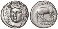 Ancient Coins Ancient Greek Thessaly, Larissa, AR didrachm, 350-325 BC.BCD Thessaly II 316-319.5.93 grams.Head of the nymph Larissa facing slightly left, with hair in ampyx / Horse right, preparing to