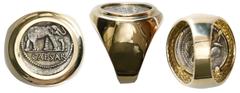 Coin Jewelry Ancient Coins Roman Republic, AR denarius, Julius Caesar, military mint traveling with Caesar, ca. 49 BC, mounted elephant-side out in 14K gold men's ring (size 10).15.20 grams total.Elep