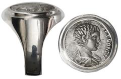 Coin Jewelry Ancient Coins Roman Empire, AR denarius, Caracalla, 196-198 AD, struck under Septimius Severus, 197-198 AD, mounted in silver men's ring (size 10-1/2).19.40 grams total.M AVR ANTON CAES P