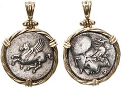 Coin Jewelry Corinth, Corinthia, AR stater, ca. 345-307 BC, "pegasus," mounted pegasus-side out in 14K gold twisted-wire bezel with shackle bail.11.82 grams total.Pegasos flying left / Helmeted head o