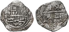 Shipwreck Coins Potosi, Bolivia, cob 2 reales, Philip III, assayer R (small), Grade 1. S-P15; KM-8; Cal-626. 4.99 grams. Bold full shield and cross despite light surface corrosion (toned in crevices),