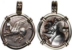 Corinth, Corinthia, AR stater, "pegasus," ca. 347-307 BC, mounted pegasus-side out in heavy 14K gold bezel with fixed bail. 12.19 grams total. Pegasus flying left / Helmeted head of Athena right. Well