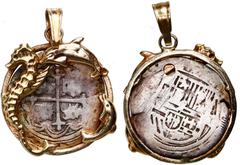 Coin Jewelry Mexico City, Mexico, cob 1 real, Philip II, assayer O to right, mounted cross-side out in 14K gold pendant with swivel bail and dolphin and seahorse embellishments. 6.06 grams total. Worn
